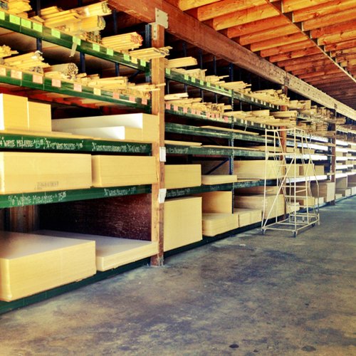 warehouse shelves of melamine and MDF - Hughes Hardwoods in Chico, CA